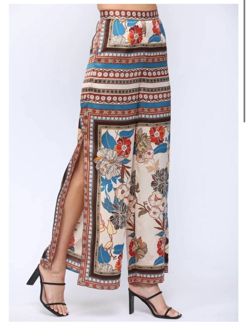 Fate Floral Wide-Leg split side resort pants in Teal and Cream S